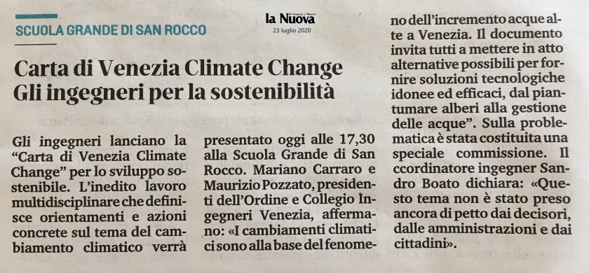 23.07.2020 La Nuova Venezia - Collegio e Ordine Ingegneri Venezia - Climate Change Scuola Grande San Rocco