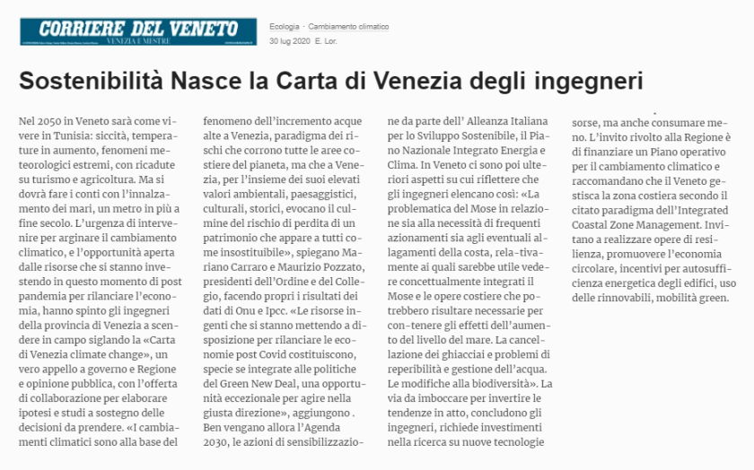 30.07.2020 CORRIERE DEL VENETO - Carta di Venezia Climate Change - Ingegneri Venezia cambiamenti climatici