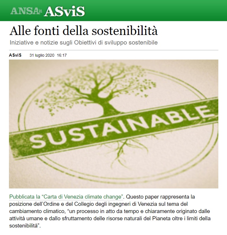 ANSA ASVIS 31 agosto 2020 - Carta di Venezia Climate Change - Ingegneri Venezia cambiamenti climatici