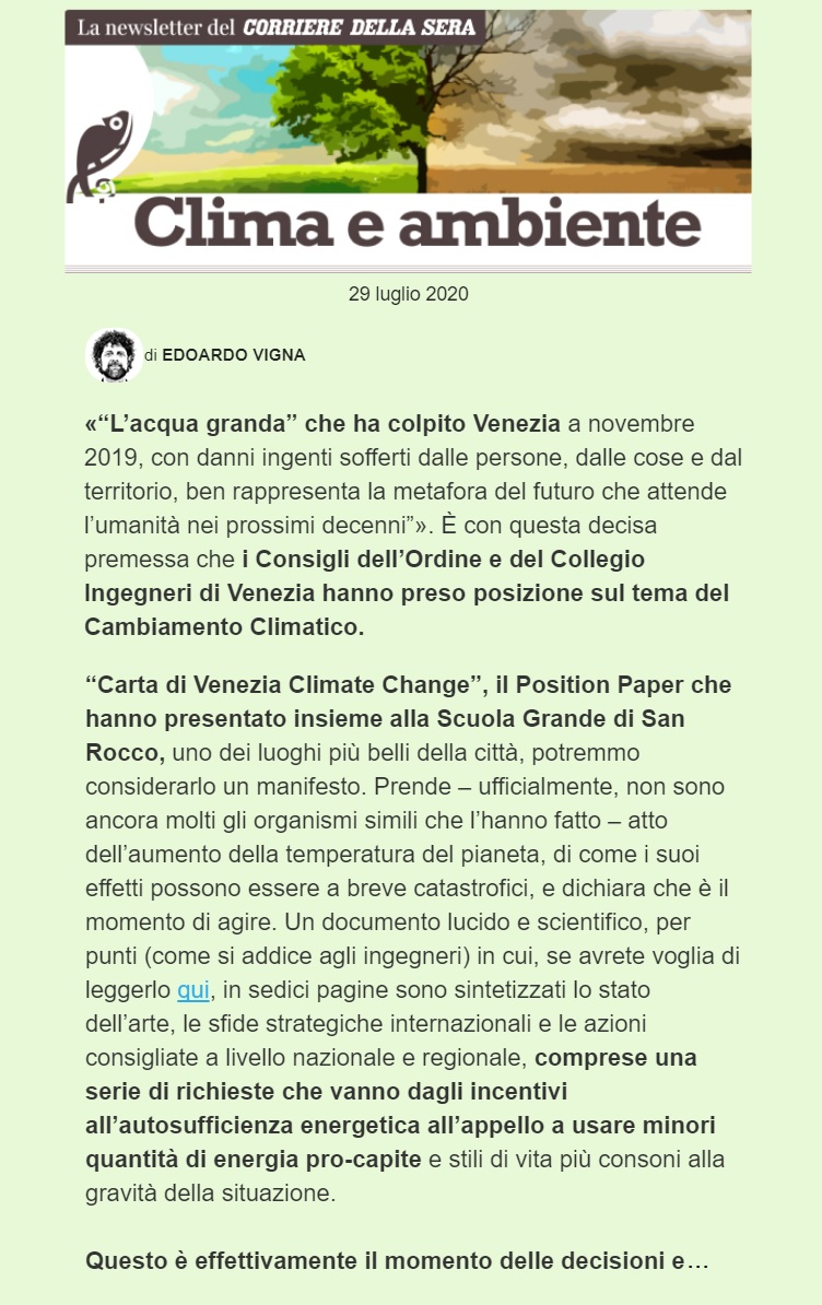 CORRIERE DELLA SERA Edoardo Vigna newsletter 29 luglio 2020 - Carta di Venezia Climate Change - Ingegneri Venezia cambiamenti climatici
