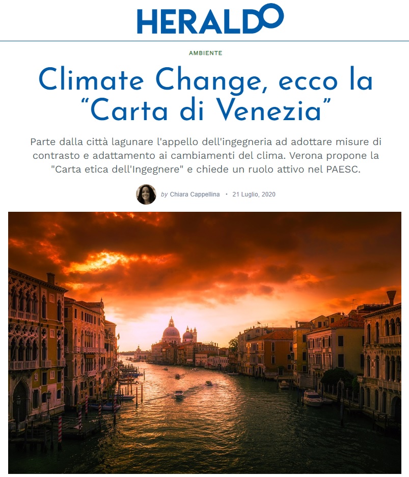 HERALDO VERONA 2020 - Carta di Venezia Climate Change - Ingegneri Venezia cambiamenti climatici