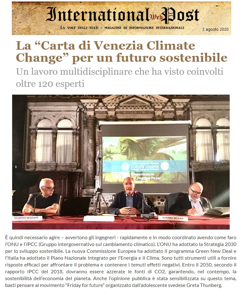 INTERNATIONAL WEB POST 2.8.2020 - Carta di Venezia Climate Change - Ingegneri Venezia cambiamenti climatici