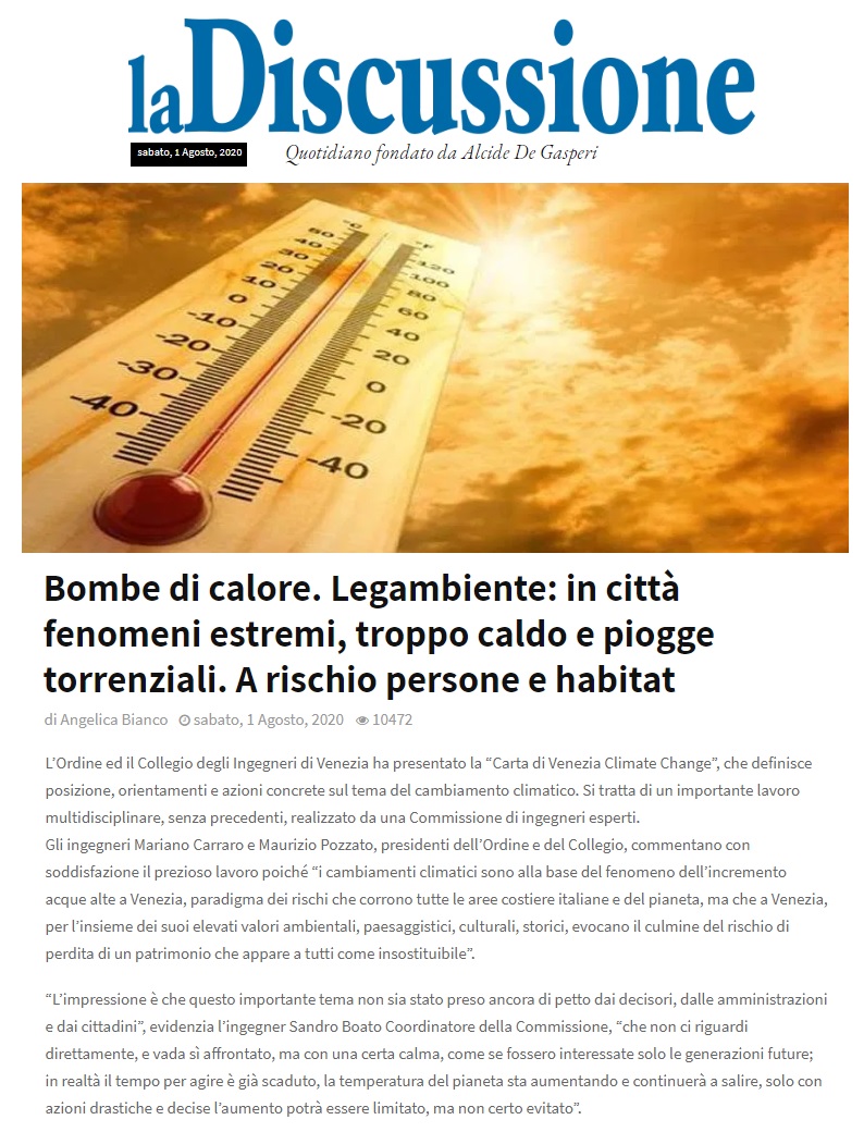 LA DISCUSSIONE Angelina Bianco 1 agosto 2020 - Carta di Venezia Climate Change - Ingegneri Venezia cambiamenti climatici