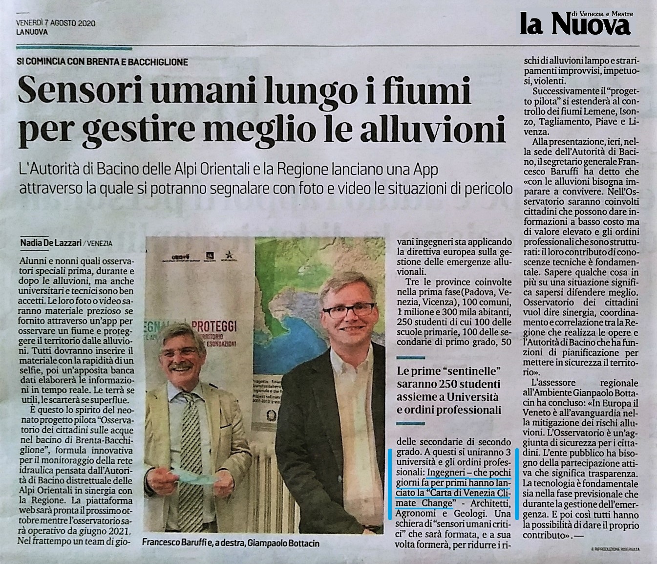 7 agosto 2020 La Nuova Venezia - Osservatorio Alpi Orientali Brenta Bacchiglione Regione Veneto - Ordine Ingegneri Venezia - Carta di Venezia Climate Change