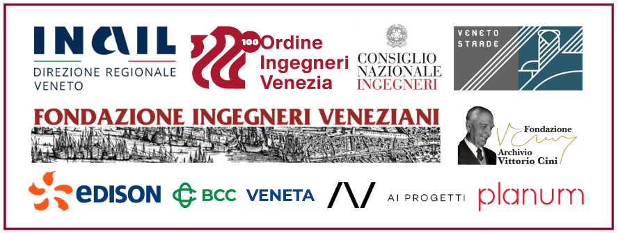 Loghi di diverse organizzazioni e fondazioni, tra cui INAIL, Ordine Ingegneri Venezia, Fondazione Ingegneri Veneziani, Edison, BCC Veneta, AI Progetti, e Planum.